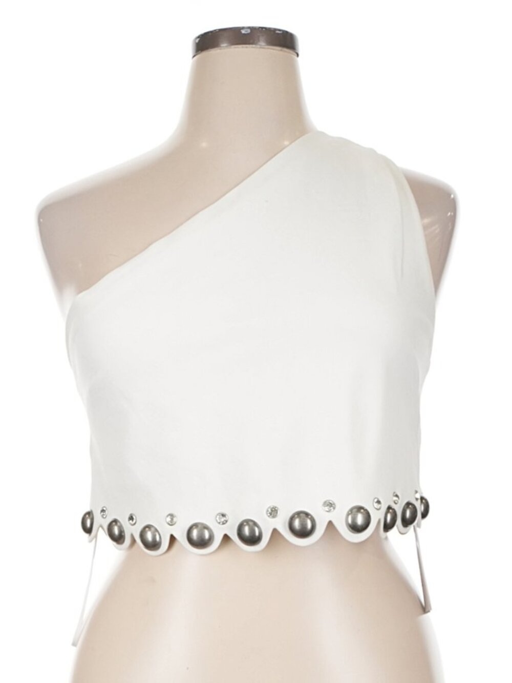 AREA NYC Studded Scalloped Hem One Shoulder Cropped Top White XL NWT